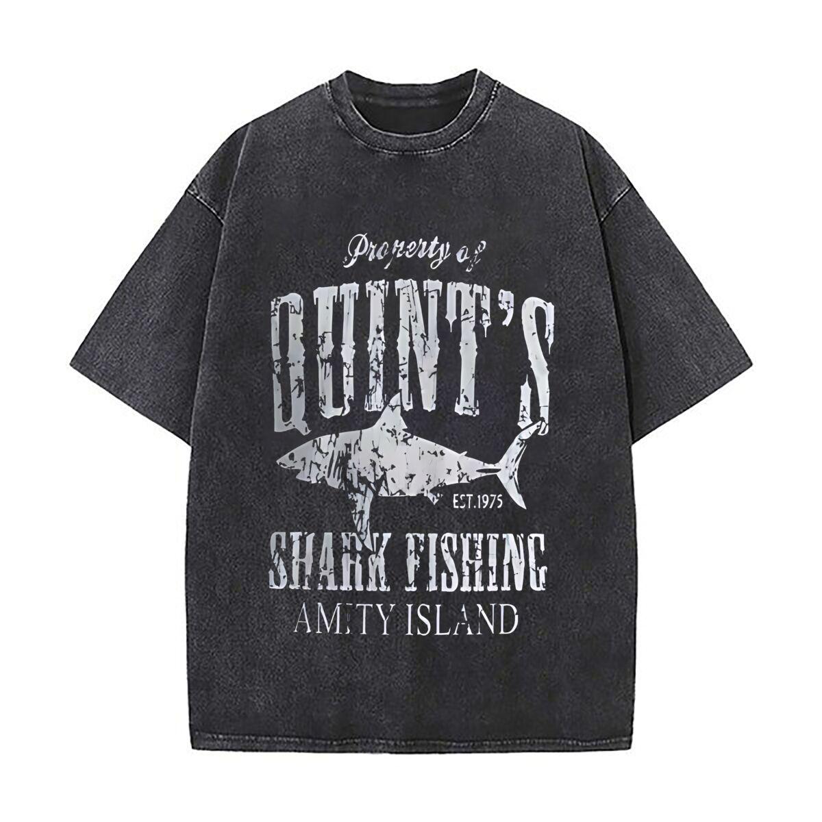 Shark Fishing Adventure Themed Text Art Daily Commute Vintage Distressed T Shirt Loose Washed Sleeve S