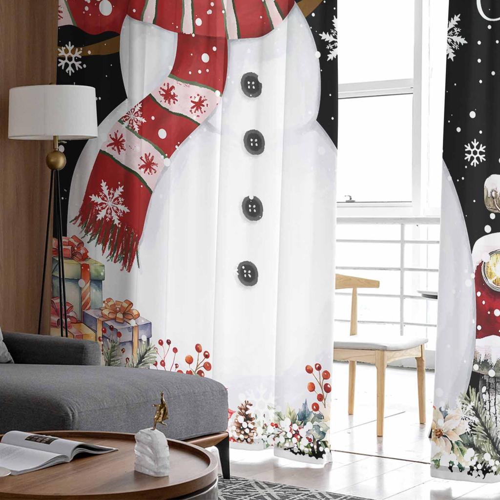 Christmas And Winter Snowman Poinsettia Curtains For Living Room Bedroom Home Decoration Window Voile Tulle Curtain Drapes