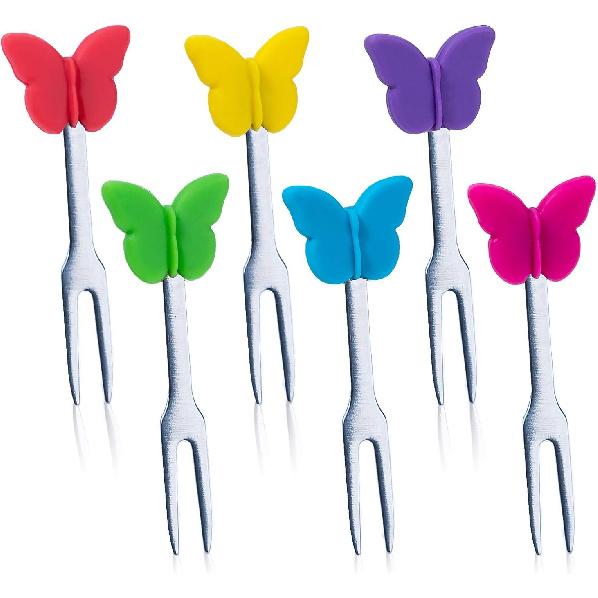 Cocktail Forks, 6-Piece Appetizer Forks, Cat Shapes, Stainless Steel and Silicone Small Forks for Fruits, Cheese, Appetizers