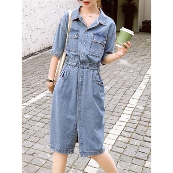 Elegant Denim Dress Women Summer Slim Waist French Style Tea Dress A Line Midi Petite Friendly