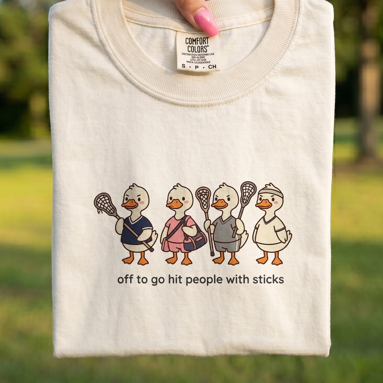Comfort Colors® - Off To Go Hit People With Sticks Shirt, Funny Lacrosse Duck Tee, Lacrosse Player Gift, Cute Duck Shirt, Sports Tee L