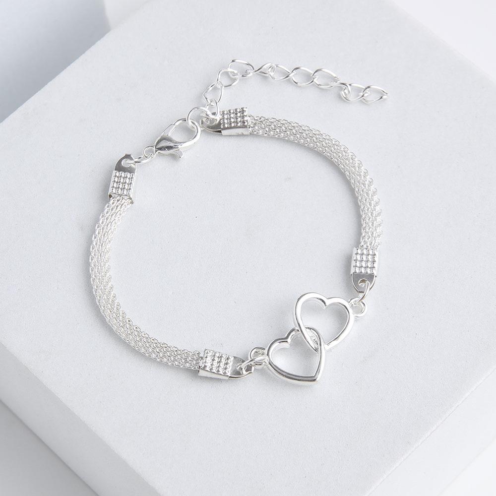 

Adjustable Double Heart Bracelet Metal Mesh Chain Link Fashion Zircon for Women Men Anniversary Birthday Gift