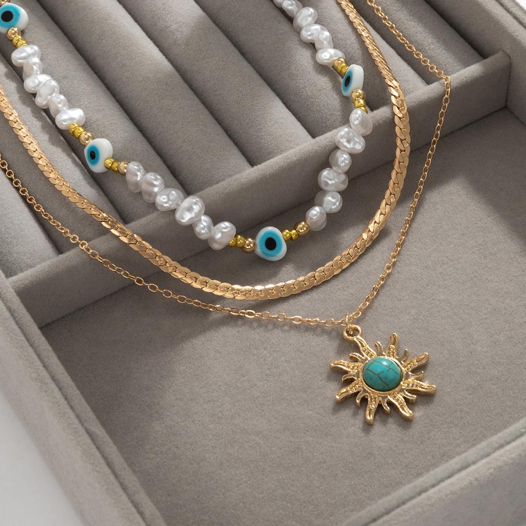 Ethnic Style Sun Flower Turquoise Pendant Necklace, Retro Imitation Pearl Eye Beaded Necklace