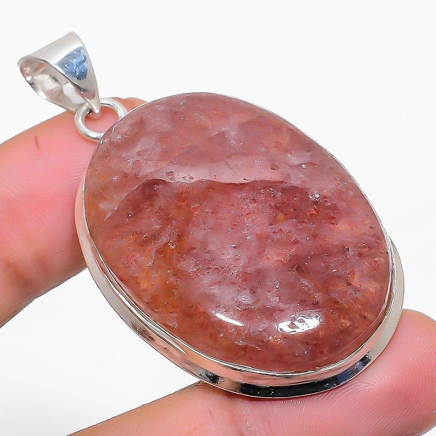 Strawberry Quartz Gemstone 925 Solid Sterling Silver Jewelry Pendant 2.13" SU-10210