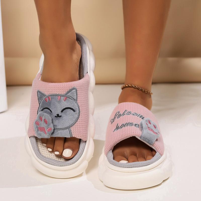 Linen Casual Slippers Women House Platform Cute Cartoon Cat Designer Shoes Girls Flat Elegant Footwear Indoor Large Size