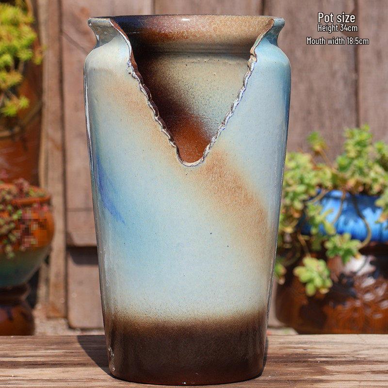 Large Handmade Coarse Pottery Succulent Flower Pot with Shallow Cut Opening