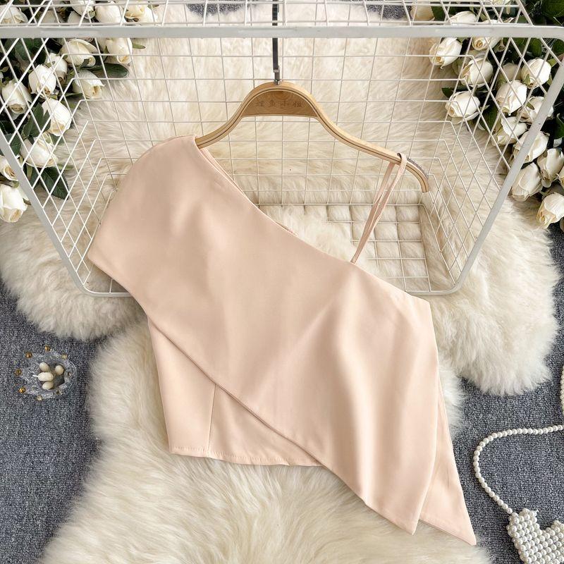 Sweet and Spicy Small Top Women's Stylish One-Shoulder Cold-Shoulder Single-Side Sling Silm Short Crop Top Versatile Holiday Small Shirt Fashion