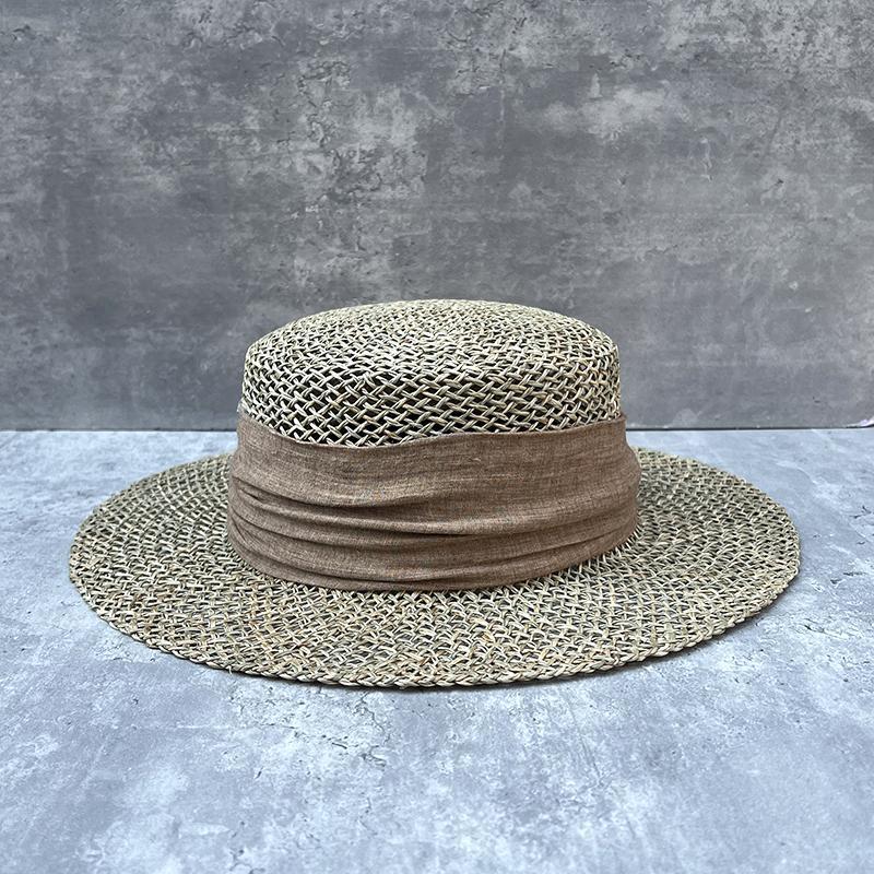 French Retro Salted Seaweed Hollow Woven Large Brim Flat Top Top Hat Men'S And Women'S Summer Outing Shading Straw Hat