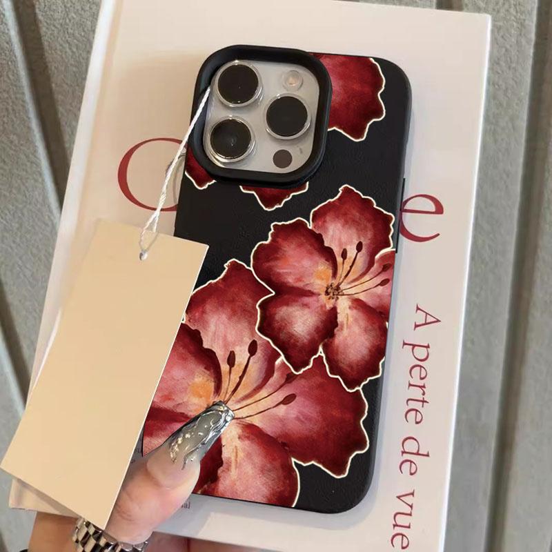 Lichee Pattern Elegant Red Hibiscus Flower Phone Case For IPhone 17 15 14 13 12 11 16 Pro Max  Air 15 Plus 16E Cover Soft Fundas