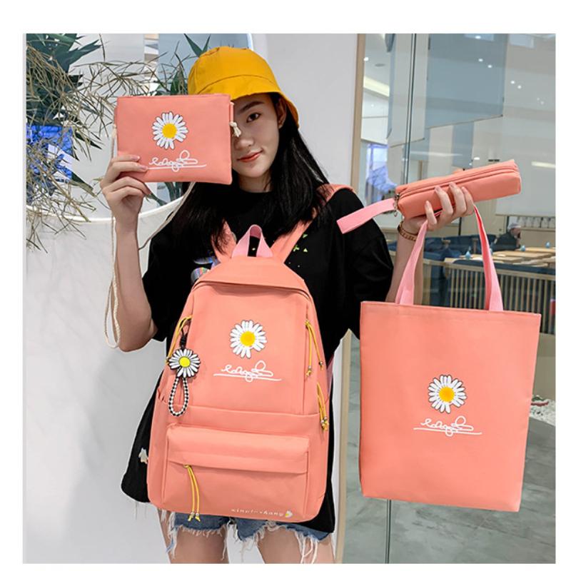 School Opening Must Have Small Daisy Printed Backpack Large Capacity Student Canvas Book Bag Korean Version Girl Four-piece Knapsack Set