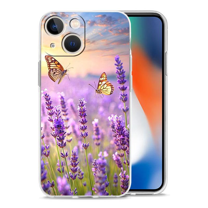 Phone Case For iPhone 16 15 14 13 12 11 Pro Max XS X XR 7 8 Plus soft Shockproof TPU Clear Cover Simple lavender Purple flowers