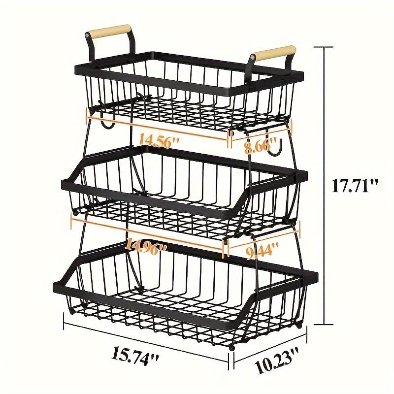 3-Tier countertop fruit basket with 2 banana hooks, removable metal device, wooden handle, can hold vegetables and fruits, black