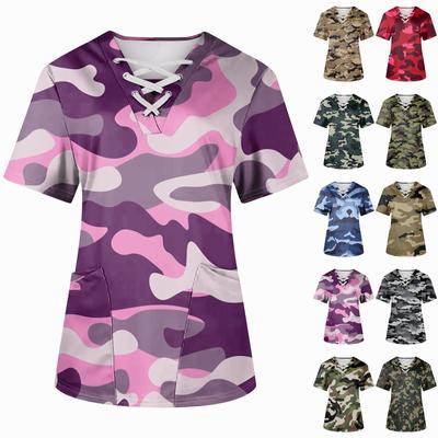 Plus SizePrinted Scrub Working Uniform Tops For Women's Cross V-Neck Halloween Print Short Sleeve Fun T-Shirts Workwear Tee With Pockets