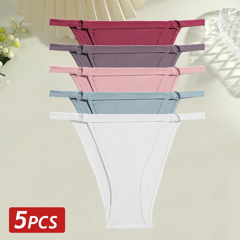 5PCS/Set Women Cotton Briefs Sexy Low Rise Panties Metal Ring Hollow Breathable Underwear Solid Color Comfortable Lingerie M-2XL