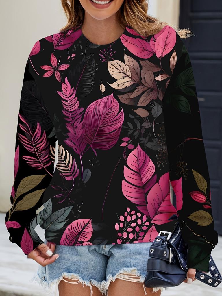 Neues Damen Buntes Schillerndes Blumenmuster Rundhals Sweatshirt Leicht Bequem Lässig Locker Übergröße Langärmliger Pullover