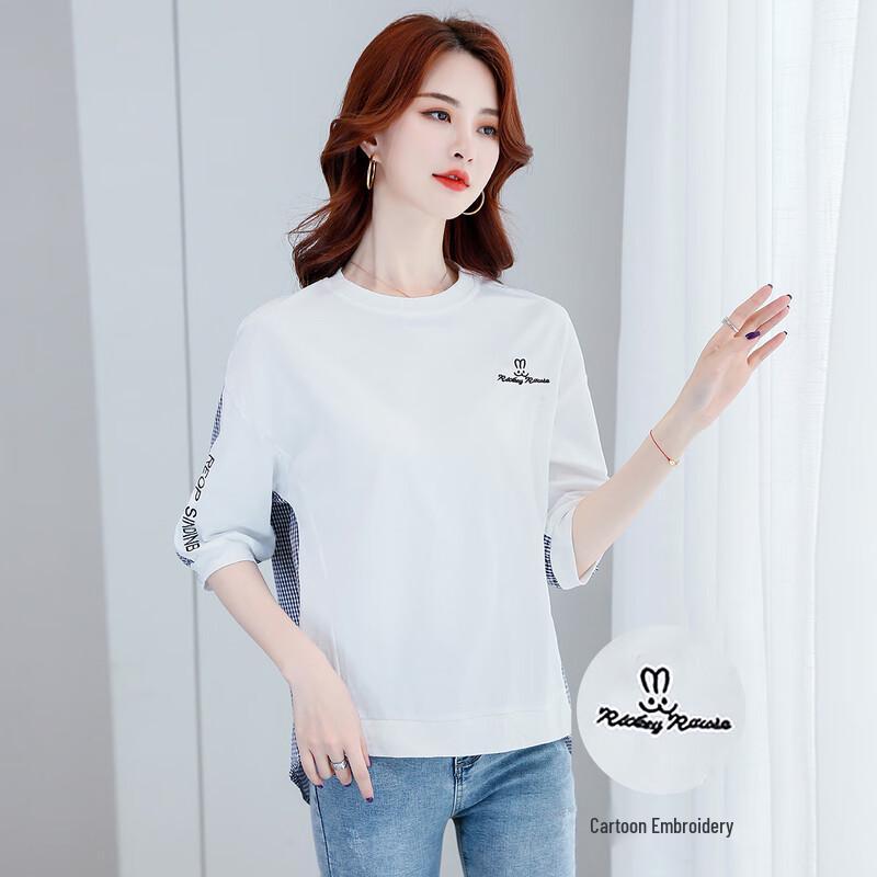 Women s Plaid Patchwork Round Neck T-shirt XL