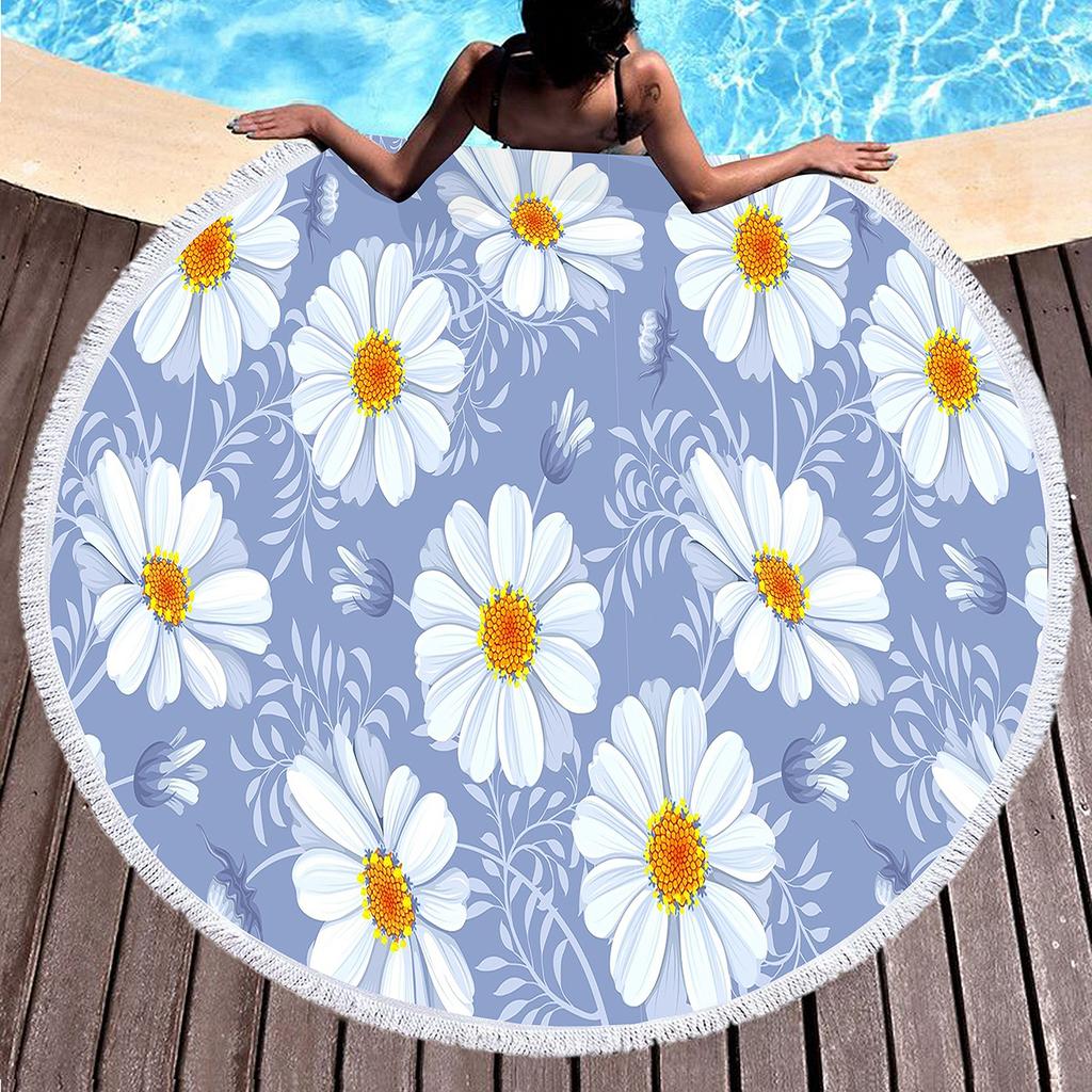 Botanical Daisy Floral Round Beach Towel,Microfiber Garden Flower Circle Beach Blanket,Roundie Yoga Meditation Mat Picnic Rug
