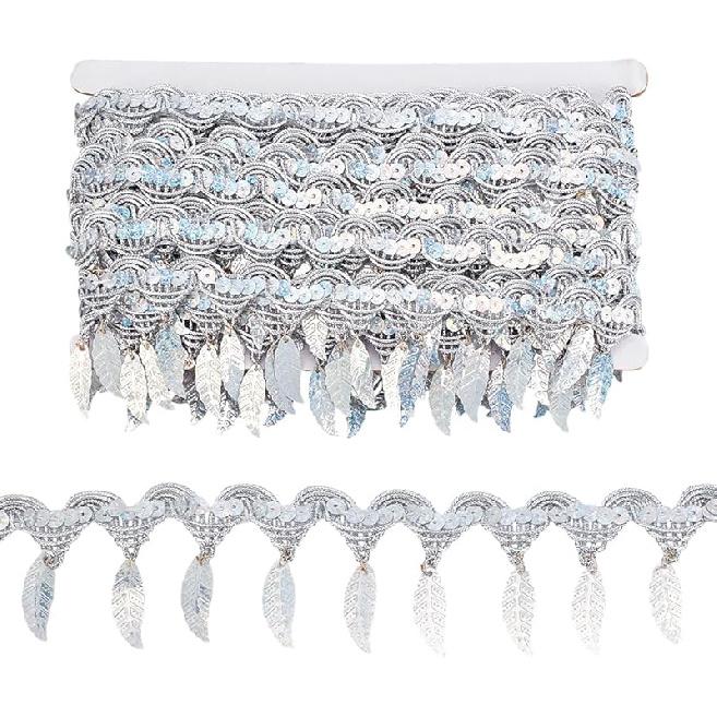 PH PandaHall 10 Yards Gold Sequin Fringe Trim Leaf Tassel Ribbon, Fabric Decorative Trim Gold Edging Trim Sewing Ribbon for Wedding Dance Dress