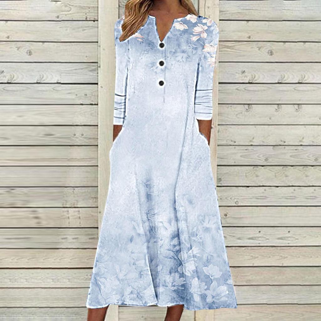 2023 Autumn Women Printed Maxi Dress Long Sleeve Open Chest Skirt Fashion Trendy