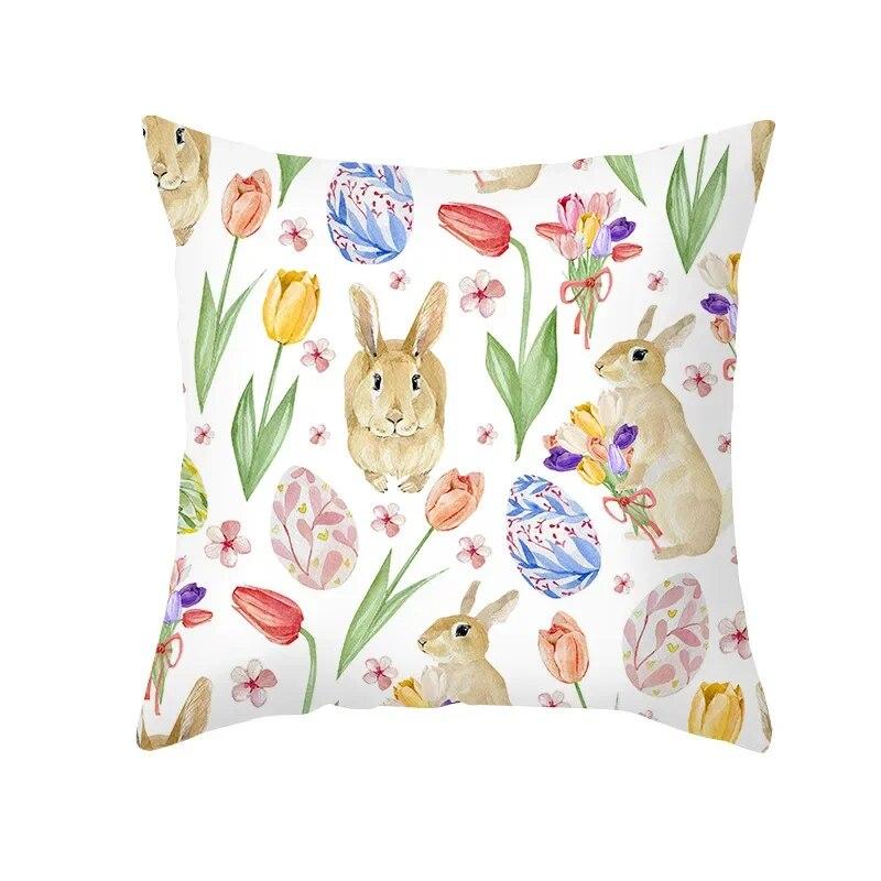 Spring Home Decor Cushion Cover Happy Easter Eggs Rabbit Decorative Pillow Covers Flowers Bunny Printed Throw Pillowcase 45x45cm