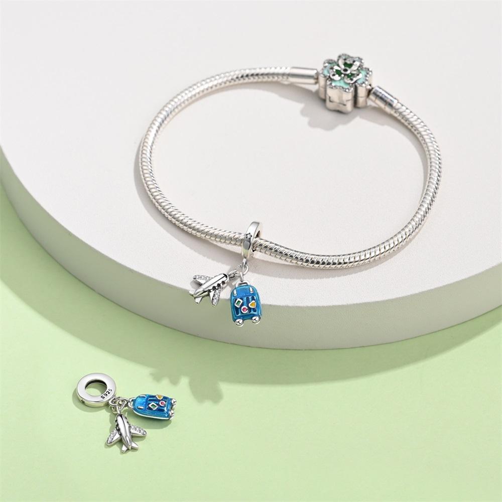 Original Copper Charms Luxury Blue Travel Case Pendant Airplane Beads Fit Bracelet Diy Women Making Delicate Gift