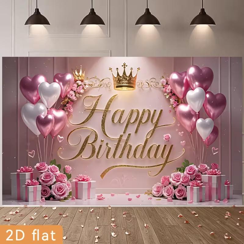 2D Elegant Pink Heart Balloon Happy Birthday Photography Background Banner
