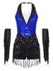 Womens Latin Dance Leotard Halter Sleeveless Backless Sparkling Sequins Tassel Design with Metallic Gloves Performance Wear