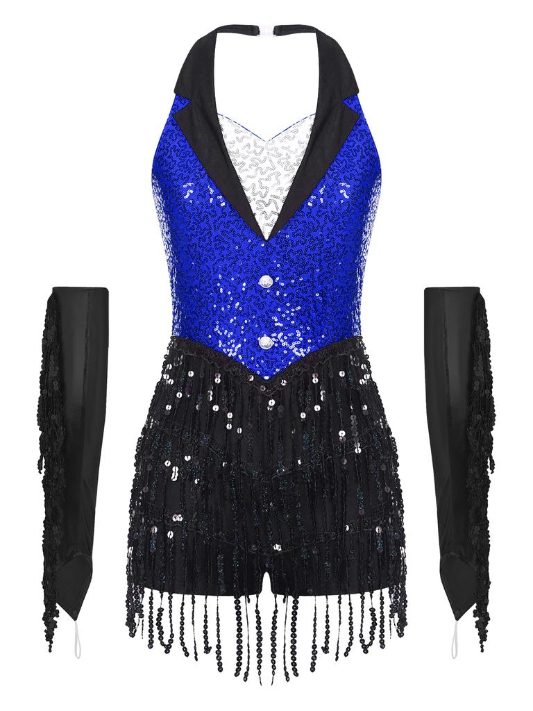 Womens Latin Dance Leotard Halter Sleeveless Backless Sparkling Sequins Tassel Design with Metallic Gloves Performance Wear