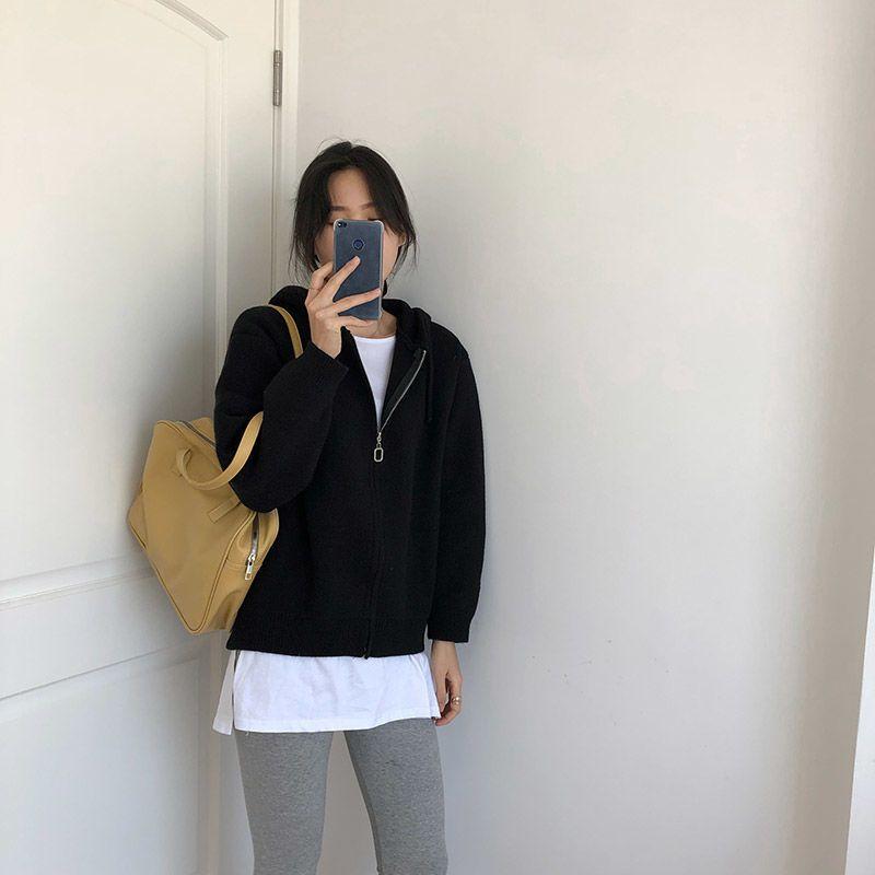 Cardigan tricotat solid Harajuku pentru femei, versiune coreeană, cu fermoar, pulover cu glugă, vânt leneș, topuri decupate, haine