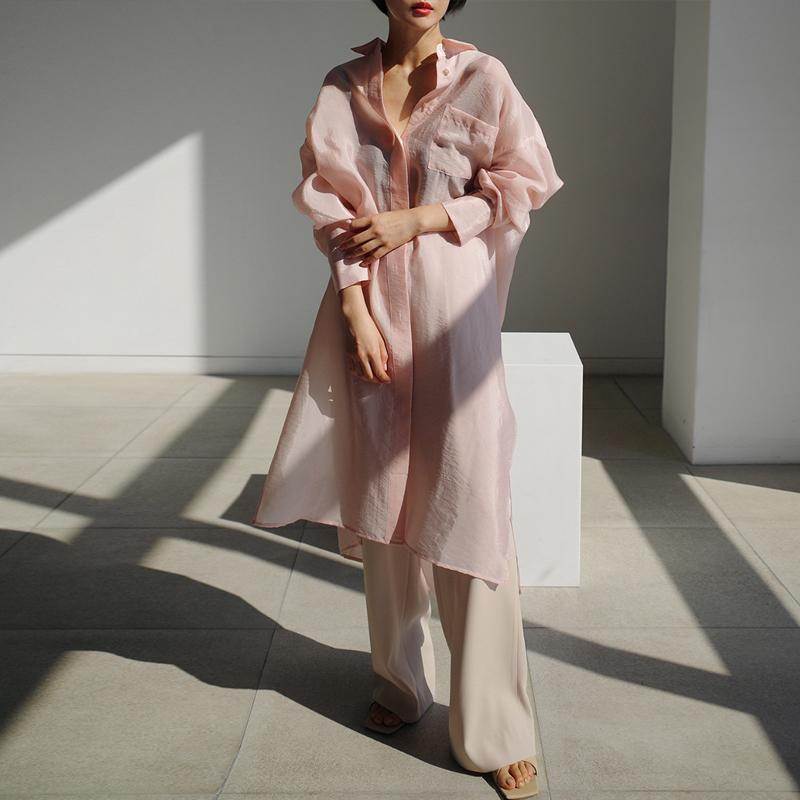 Johnature Coreeană lungă femei cardigan cămăși vară soare protecție simplă toate se potrivesc cu fante libere bluze femei