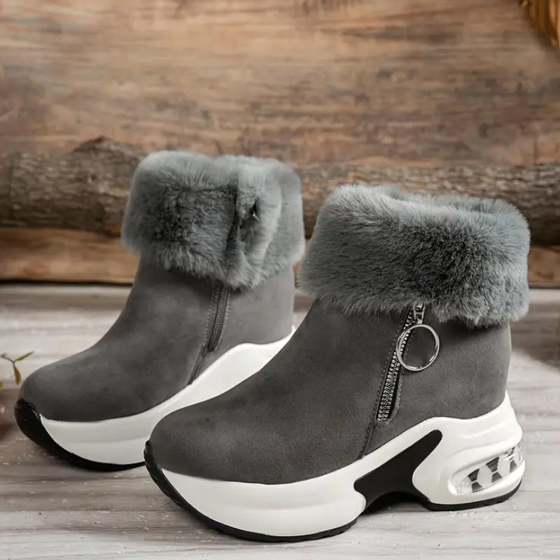Women's Winter Plush-Lined Platform Ankle Boots with Thick Sole & -Trimmed Cuffs - Slip-On Zipper Casual Shoes, Round Toe , Winter Footwear