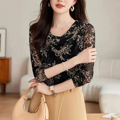 New Spring and Autumn Women's Style O-Neck Long Sleeve Slim Gauze Printed Temperament Pullovers Trendy Commute All-match Tops
