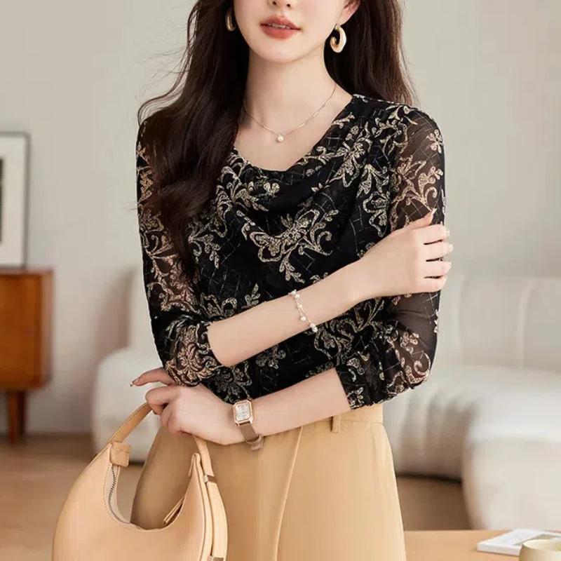 

Новый весенне-осенний женский стиль, O-образный вырез, длинный рукав, приталенный, из марли с принтом, темпераментные пуловеры, трендовые для работы, универсальные топы XXL