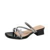 French Crystal Thick-heeled Slippers Women's Outer Wear 2025 Summer New Rhinestone Bow Fairy Style One-word High-heeled Sandals