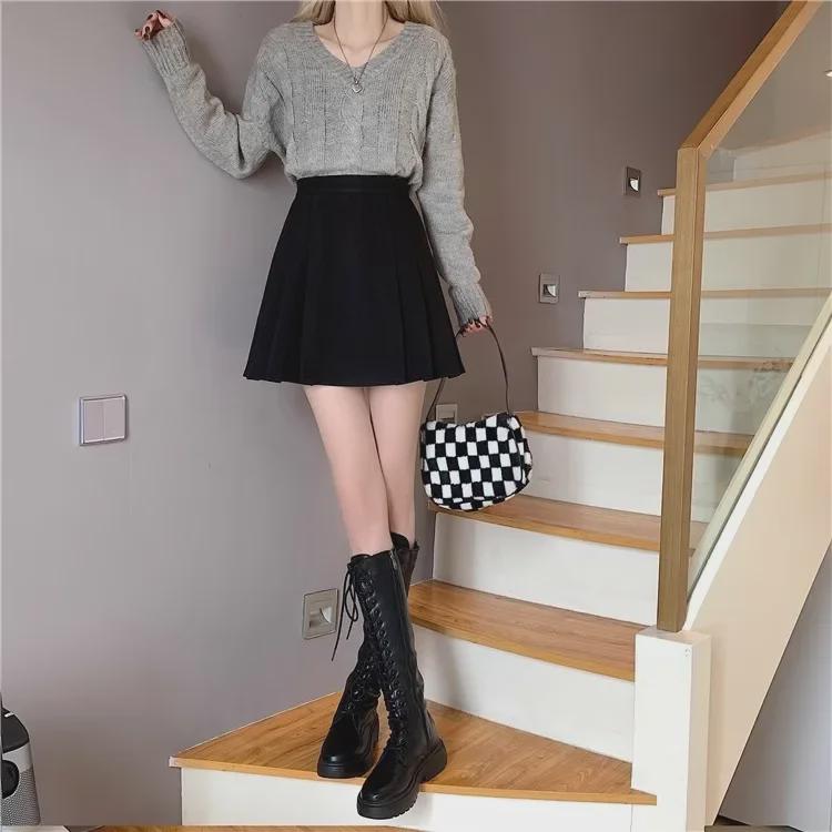 2024 Spring High-Waist Black Pleated A-Line Skirt - Celebrity Style for Plus Size Women