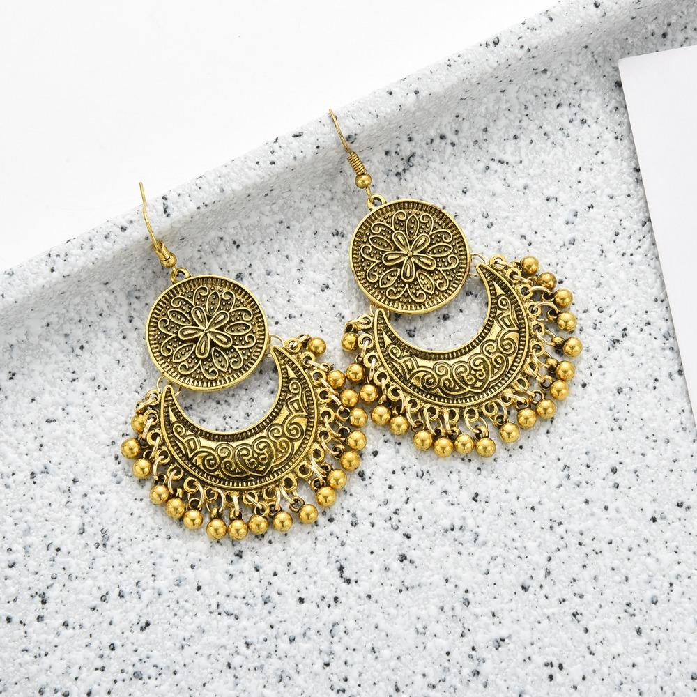 

Women Carved Flower Hollow Out Crescent Jewelry Dangle Earring Drop Earrings Tassel Small Bells бронзовый
