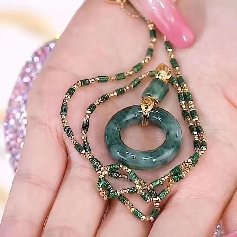 2025 New Retro Bamboo Bead Necklace with Safety Buckle Clasp - Green Resin Chain & Cubic Synthetic Zirconia Pendant, Versatile Collarbone Chain