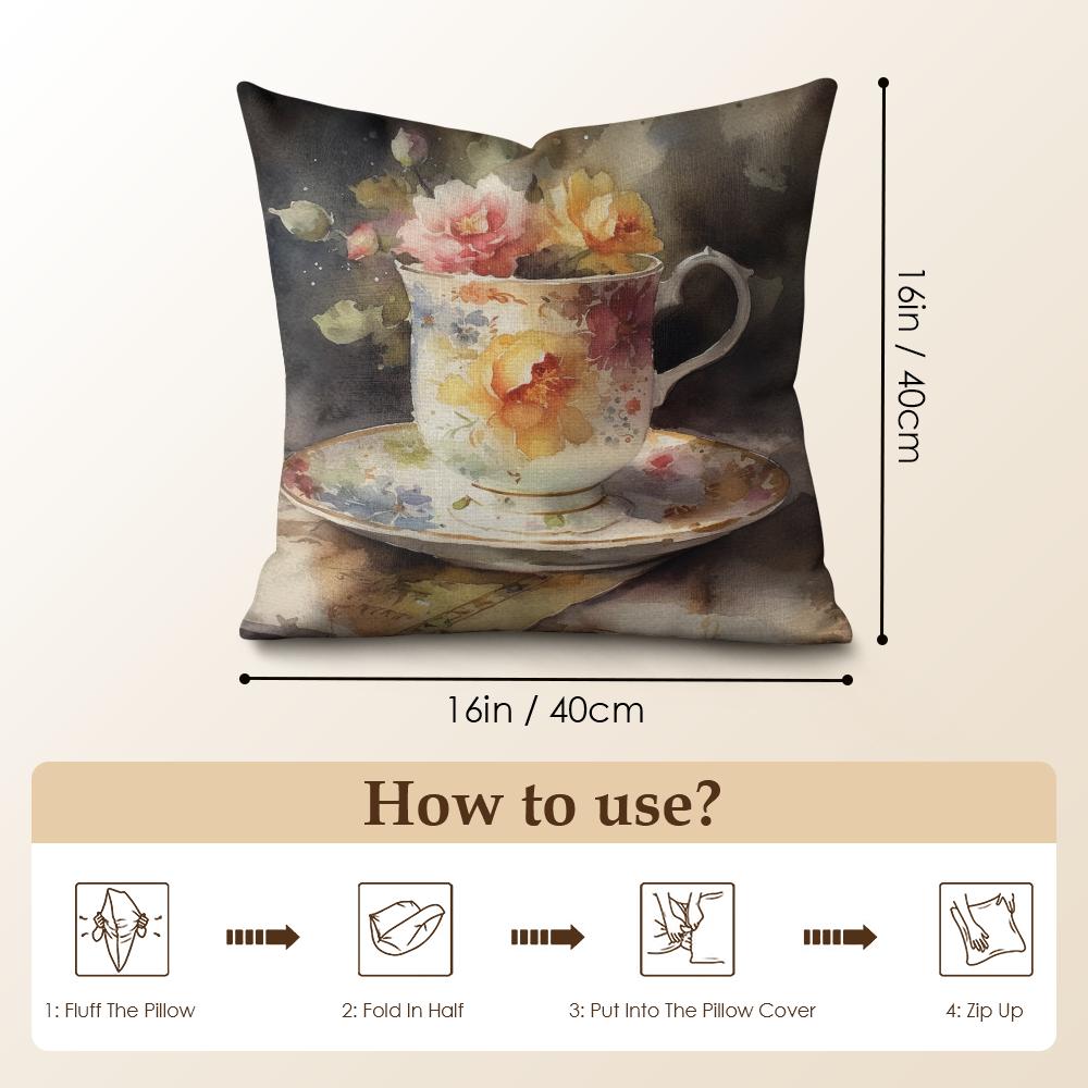Painting Cup Of Flowers Cushion Cover Summer Linen Pillow Case Organic Fabric Cushion Cover Double-Sided Print Sofa Home Decor