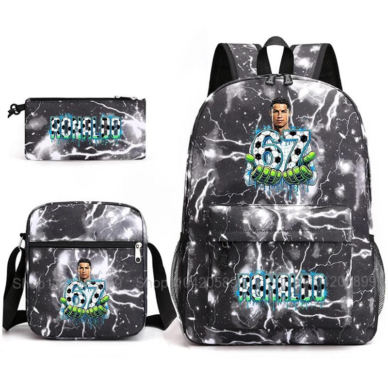 CR7 Ronaldo Backpack Football 67 Print School Bag With Shoulder Bag & Pencil Case For Student Boys Gift Daily Travel Rucksack