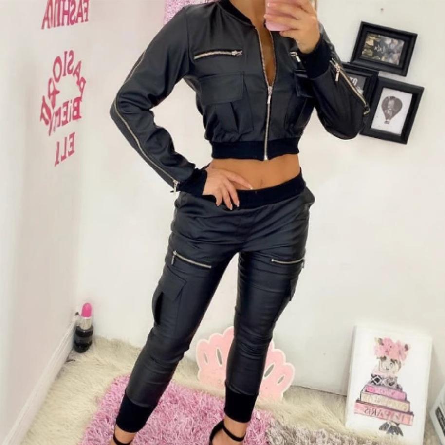 2024 European and American women's clothing new products in stock, cross-border e-commerce trend fashion black PU zipper short jacket women