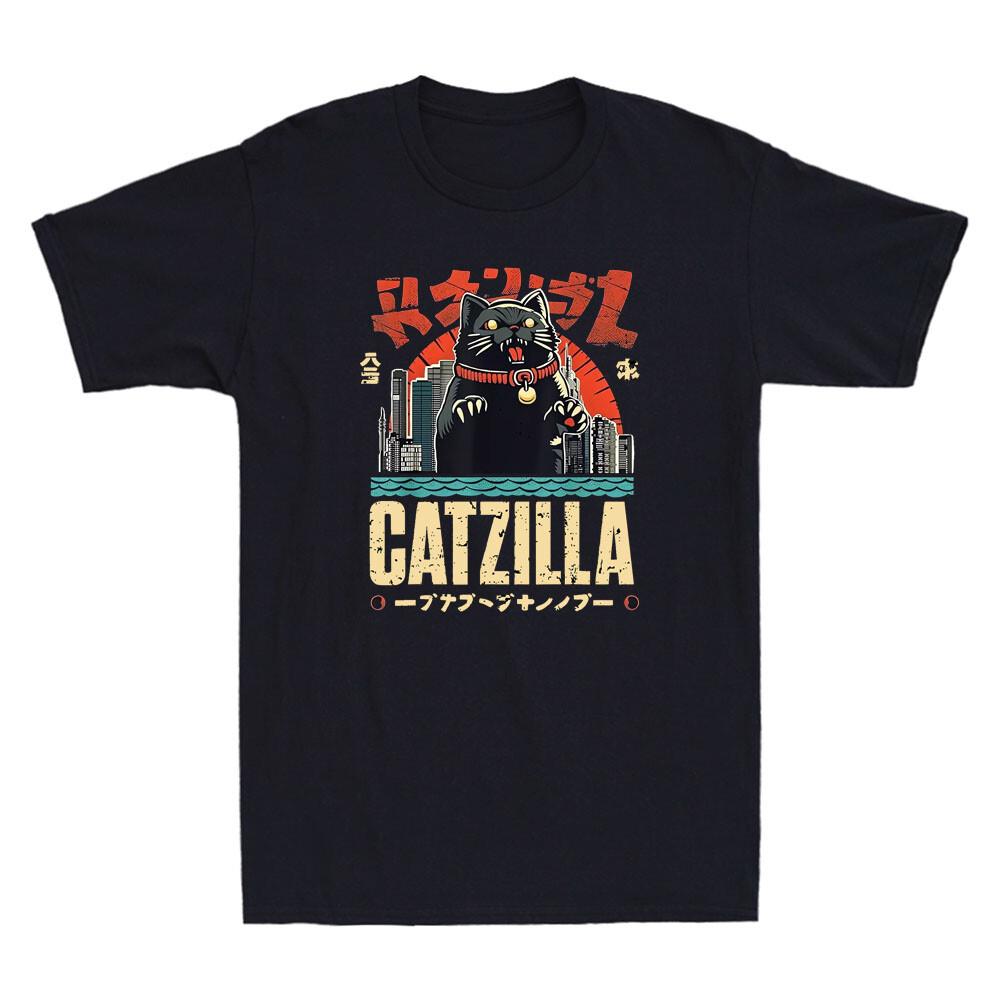 Catzilla Cat Japanese Art Funny Black Cat Monster Parody Graphic Men#039;s TShirt Unisex T-Shirt M