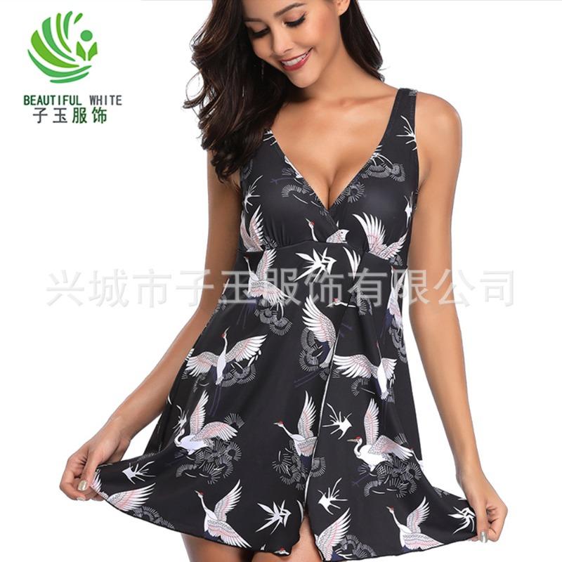 Swimsuit women's new large size conservative crane print sexy bikini one-piece swimsuit