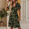 Women's Summer Fashion Leaf Print Dress Casual Beach A-line V-neck Loose Sundress