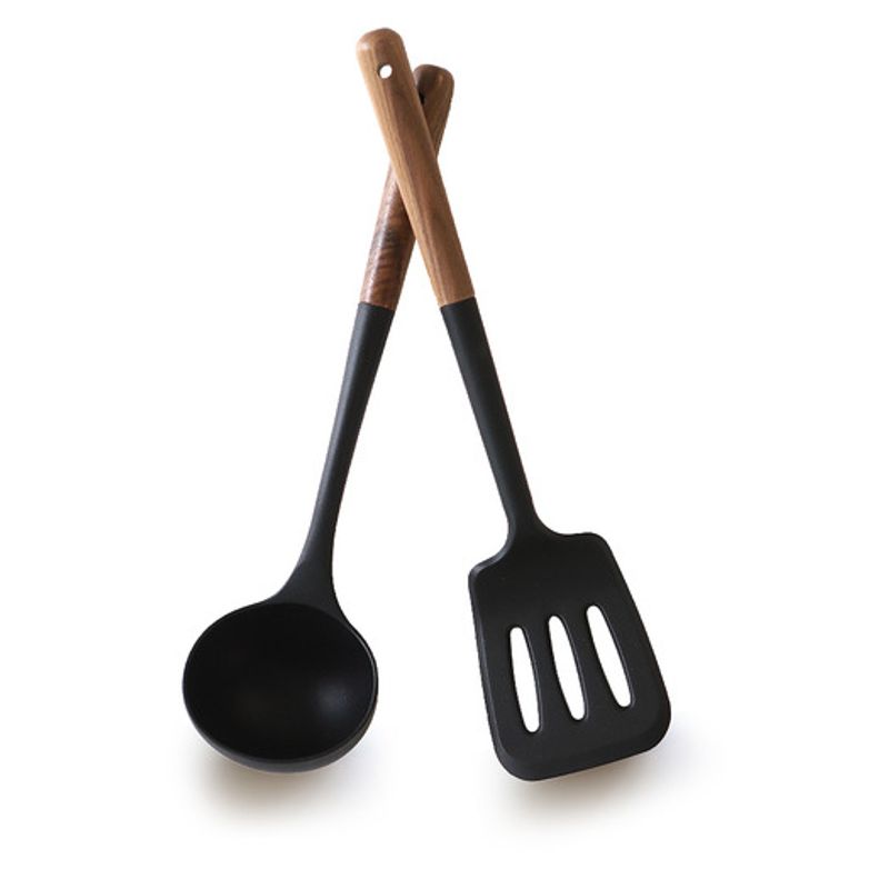 OSLO [Oslo] OSLO Noir Schwarz Silikon Holzgriff Kochutensilien Set 2-teilig (Schöpfkelle + Pfannenwender)