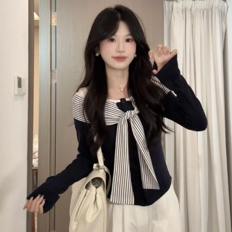 

Korean Pure Desire Navy Collar Long-sleeved Sweater for Women in Autumn Slim-fitting Design Great-looking and Beautiful Small Top S темно-синий