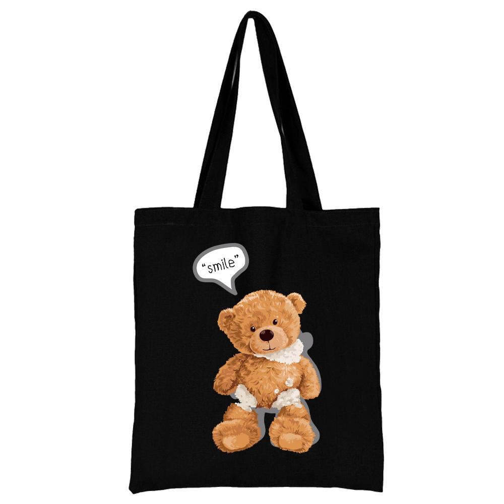 Summer New Teddy Bear Series Canvas Tote Bag Harajuku Style Black Printing High Capacity Shoulder Bag Fashion Shopping Bags