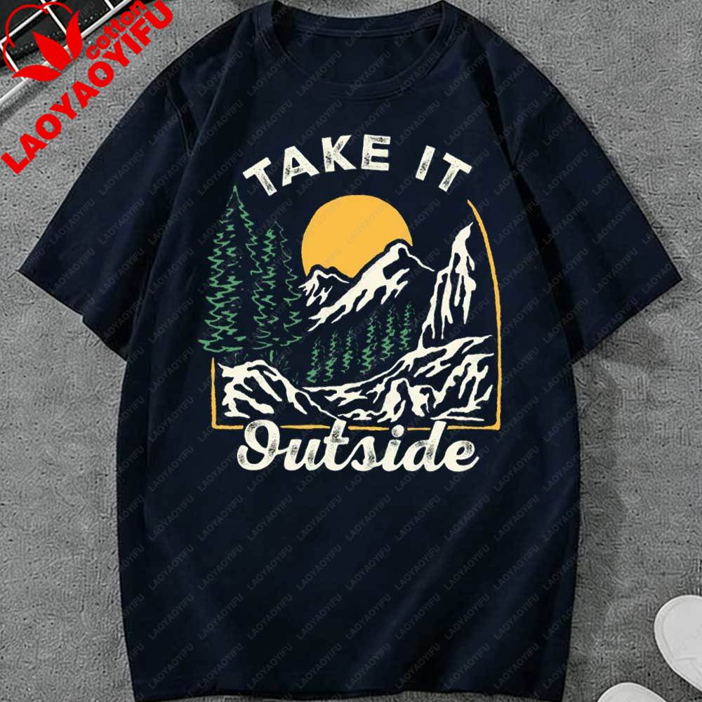 Retro Take It Outside Mountain Sunset TShirt Vintage Outdoor Graphic Cotton Casual Tops Perfect Gift for Hiking Camping Lovers