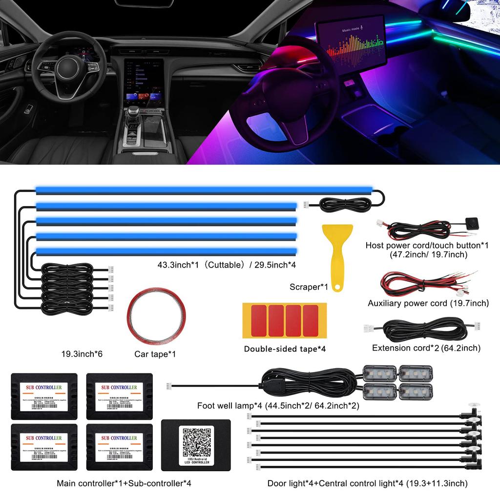 Dreamcolor Akryl Interiør Bil LED Strip Lys med APP 18 i 1 Neon Fiberoptiske Stripelys for Bil Ambient Lyssett