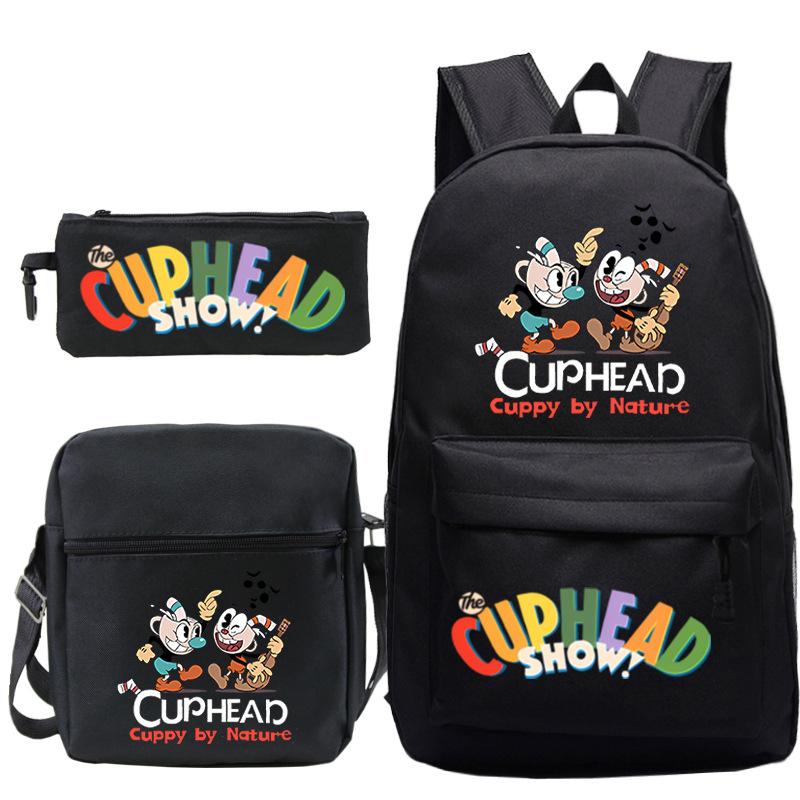 Cartoon Teacup Head Cuphead Student Backpack Oblique Span Bag Pencil Bag Primary And Secondary School Students Children'S Schoolbag Three-Piece Set