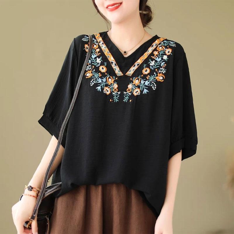 Vintage Short Sleeve Loose Pullovers Female Clothing Folk Fashion Embroidery Korean Spliced Summer Casual V-Neck Basic T-shirt